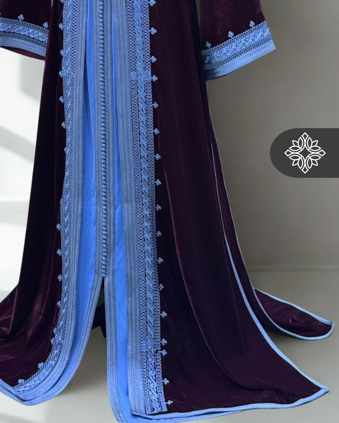 Midnight Navy Moroccan Two-Piece Kaftan | Sky Blue Embroidered Velvet