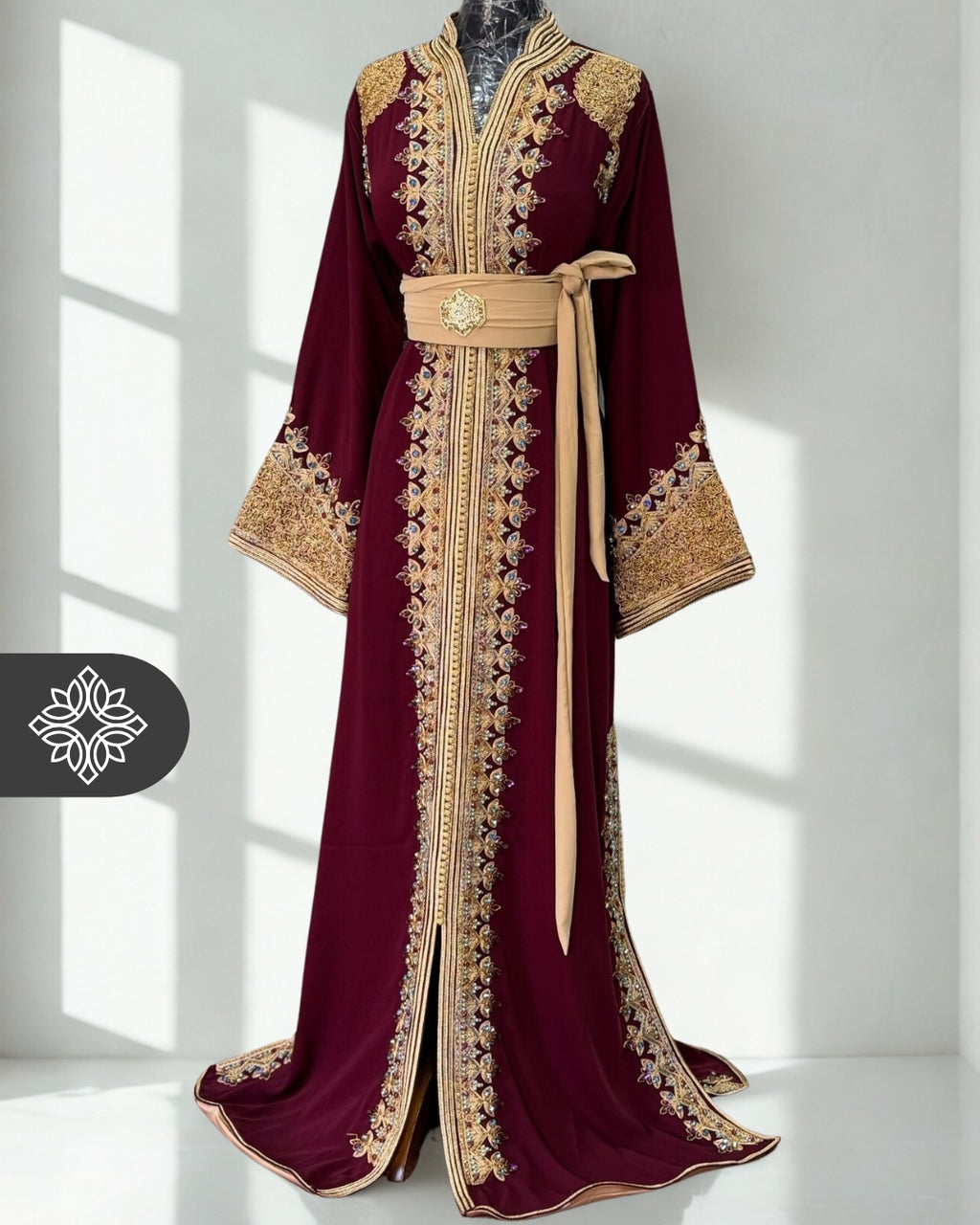 Moroccan Caftan Burgundy | Gold Embroidery with Burgundy & Green Stones