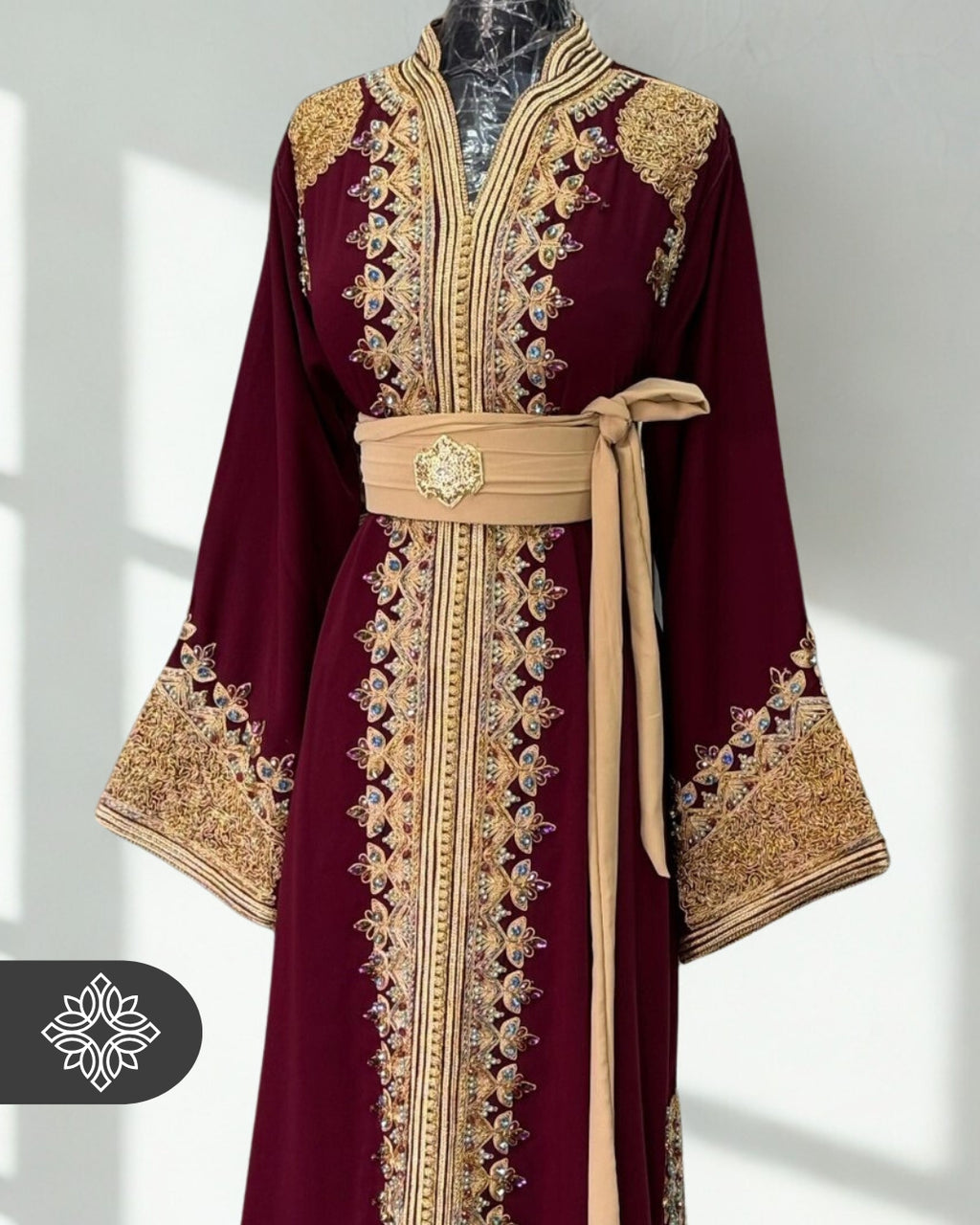 Moroccan Caftan Emerald Green | Gold Embroidery & Pink Stones
