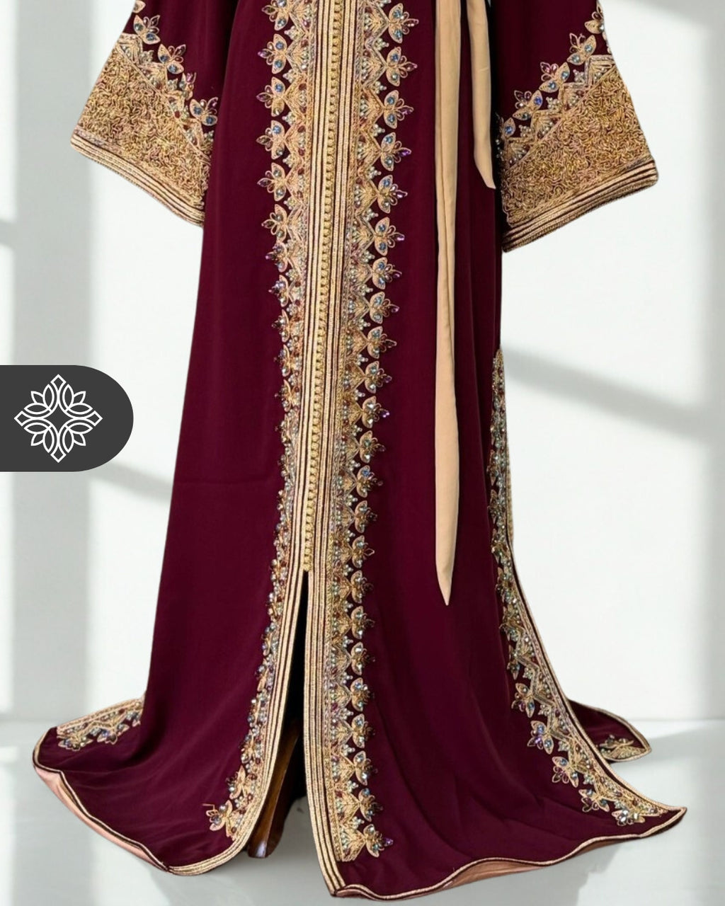 Moroccan Caftan Emerald Green | Gold Embroidery & Pink Stones
