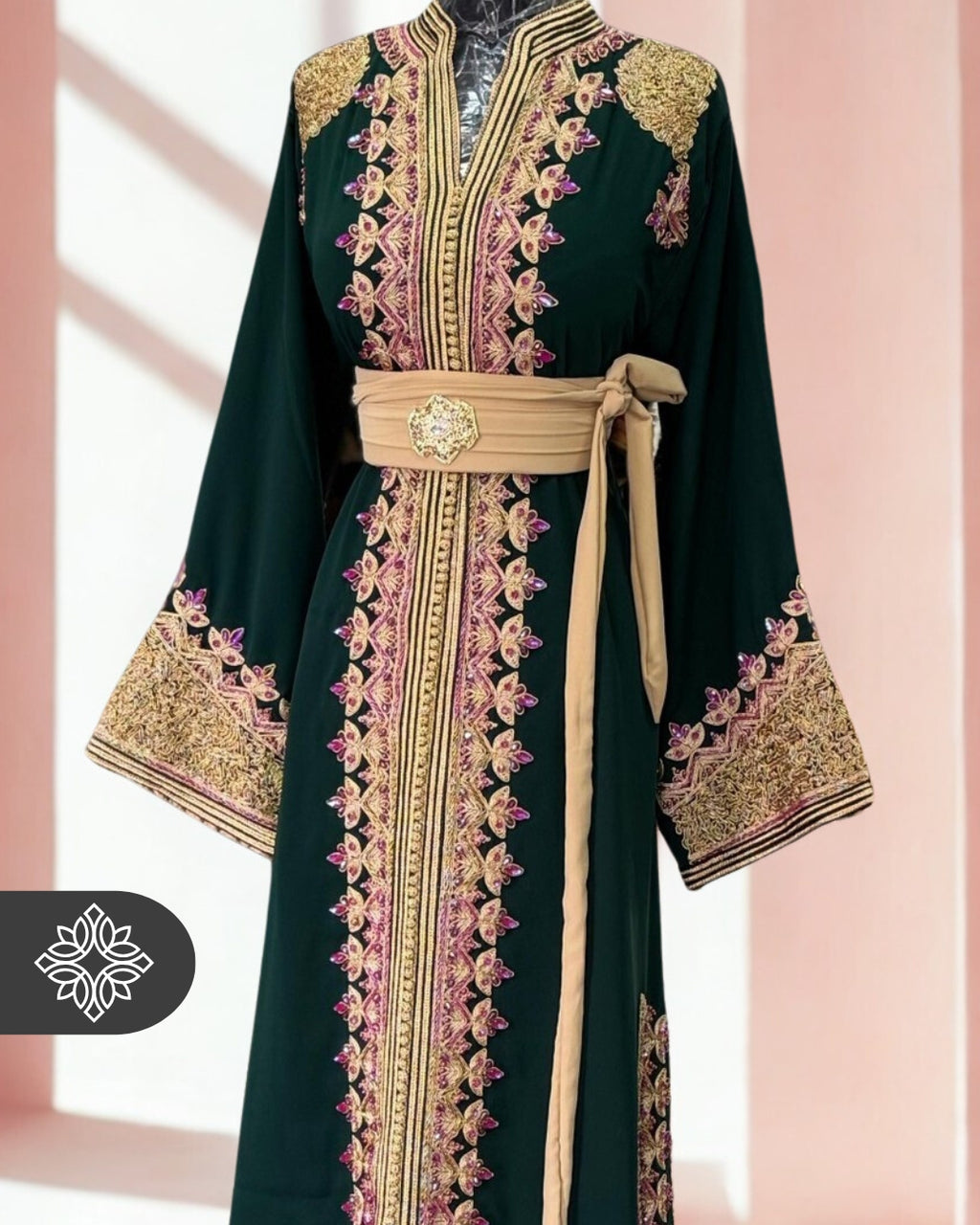 Moroccan Caftan Emerald Green | Gold Embroidery & Pink Stones