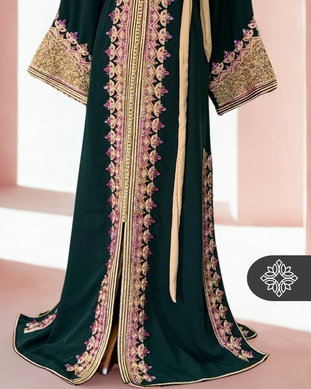 Moroccan Caftan Emerald Green | Gold Embroidery & Pink Stones