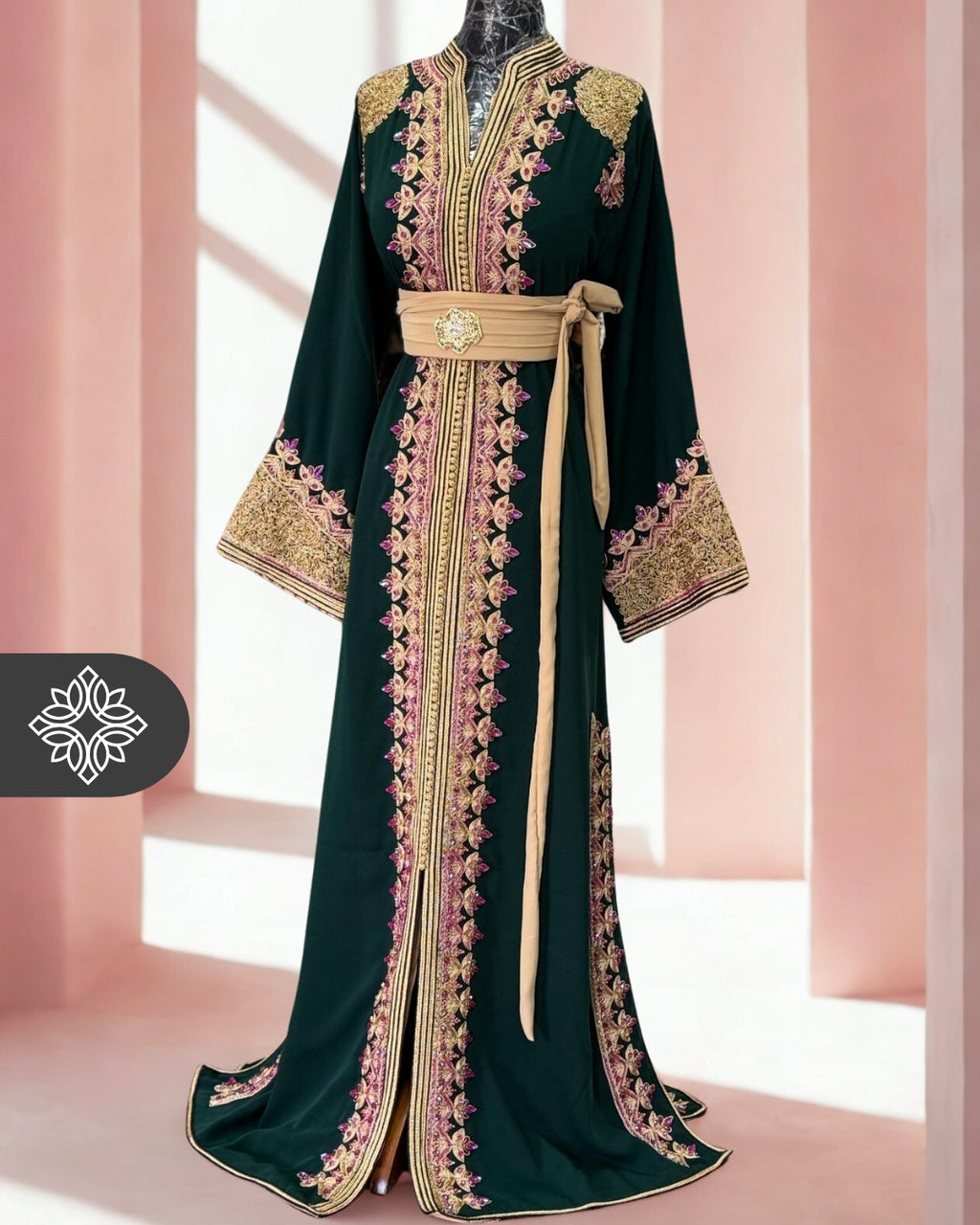 Moroccan Caftan Emerald Green | Gold Embroidery & Pink Stones