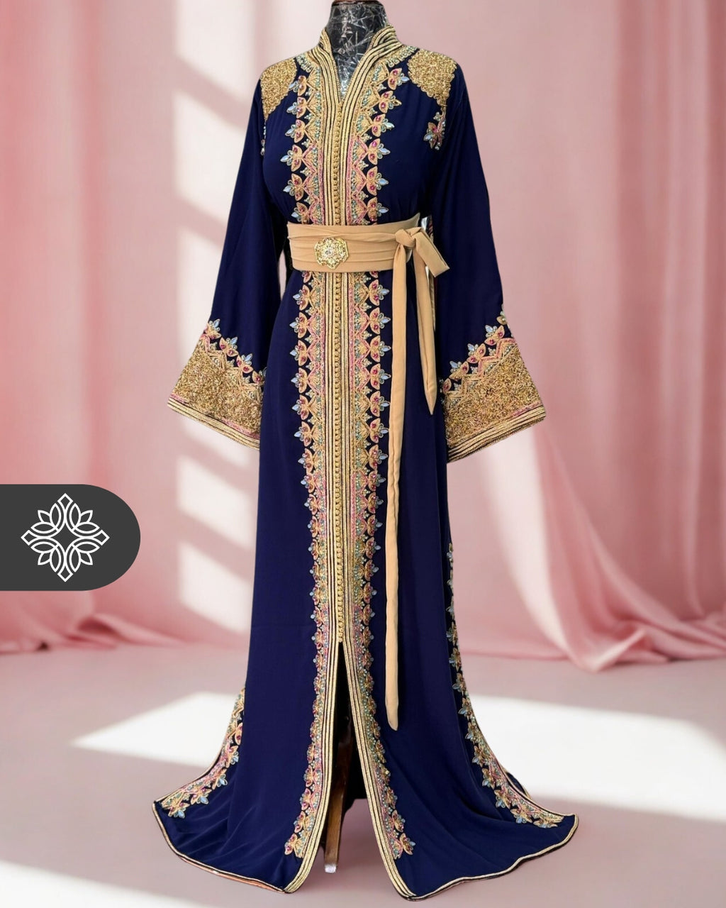 Moroccan Caftan Navy Blue | Gold Embroidery with Blue Sky & Purple Stones