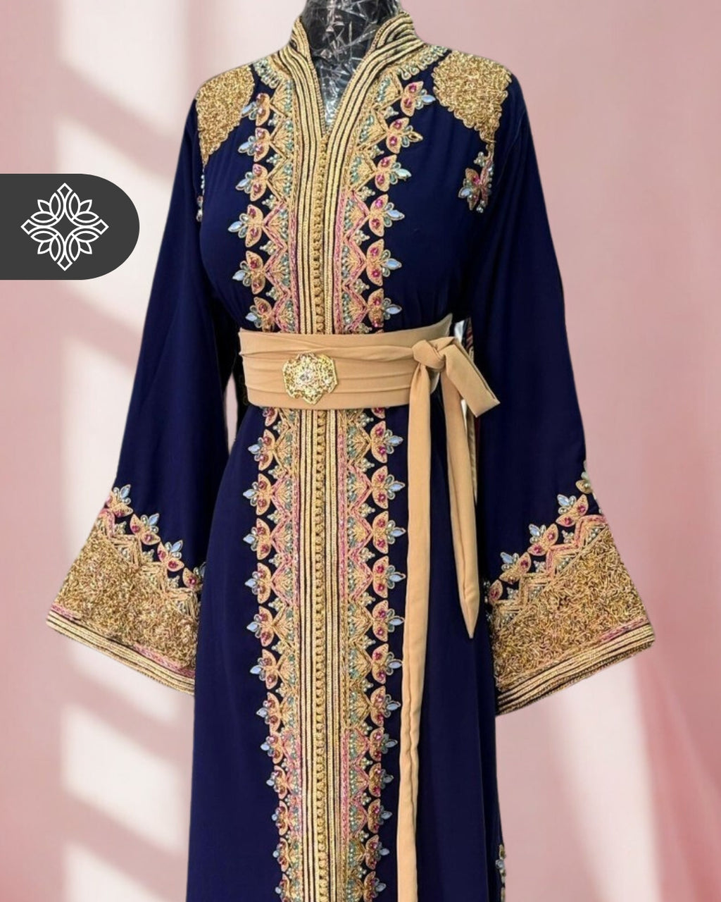Moroccan Caftan Emerald Green | Gold Embroidery & Pink Stones