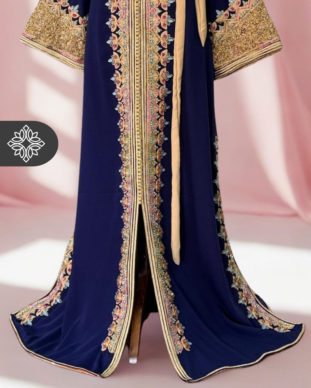 Moroccan Caftan Emerald Green | Gold Embroidery & Pink Stones