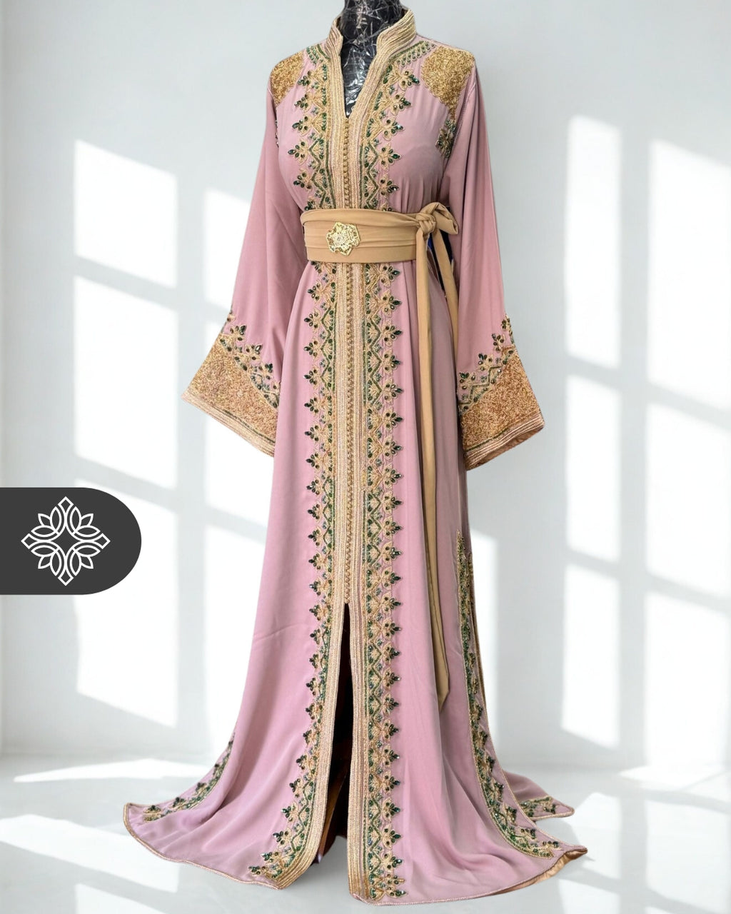 Moroccan Caftan Pink Gold Embroidery & Crystal Pink Stones