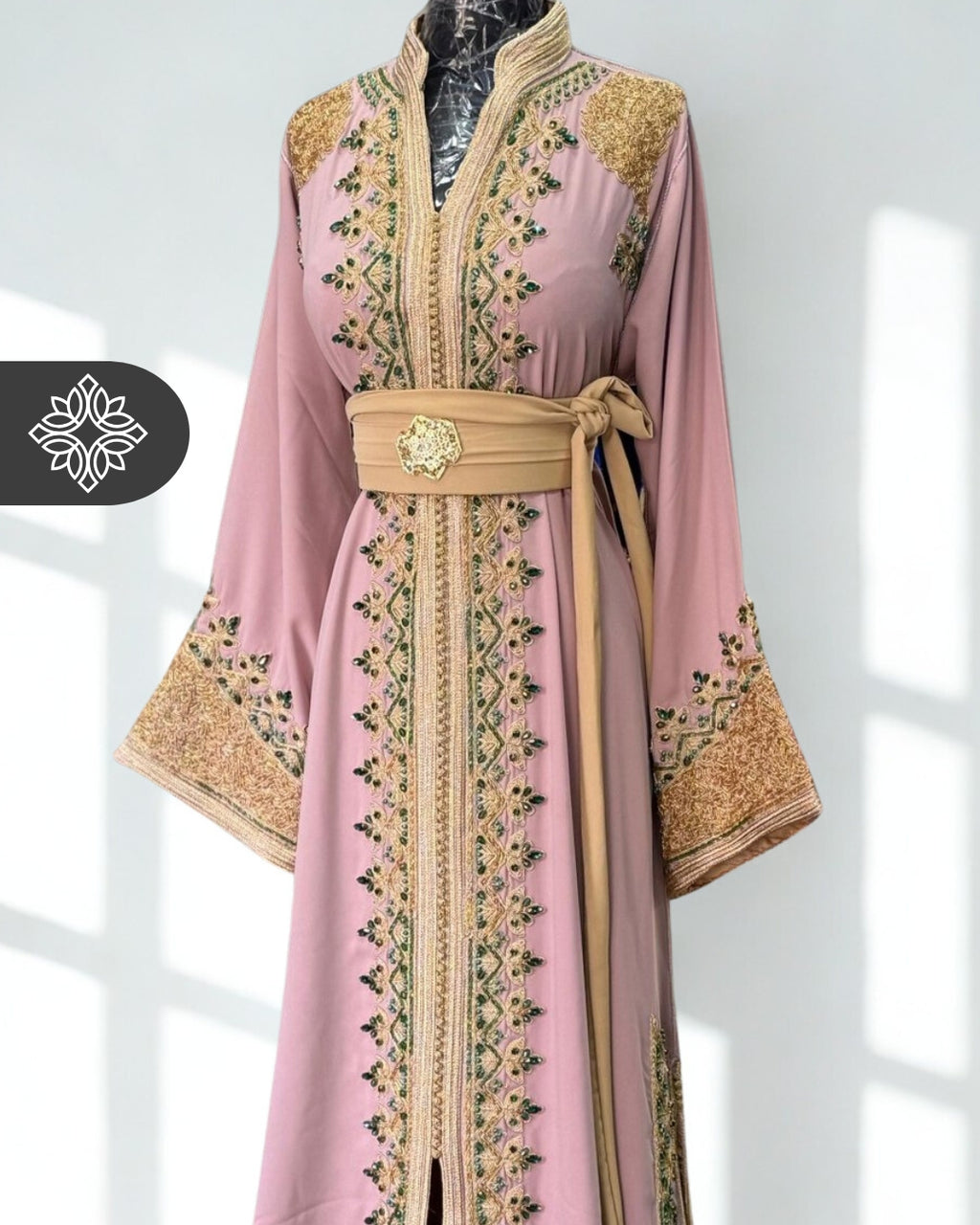 Moroccan Caftan Emerald Green | Gold Embroidery & Pink Stones