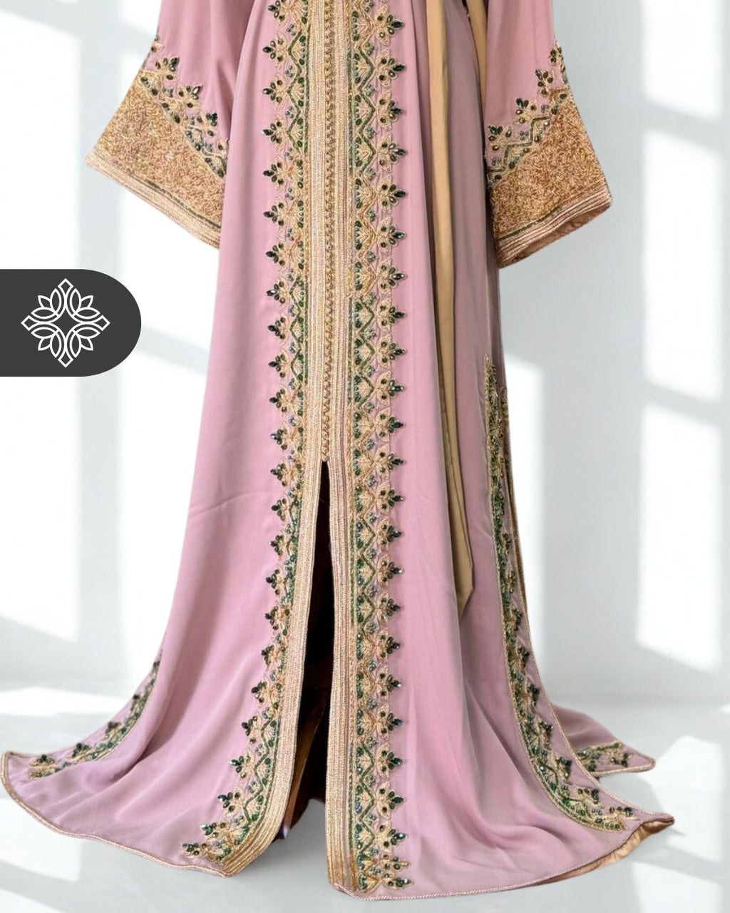 Moroccan Caftan Emerald Green | Gold Embroidery & Pink Stones
