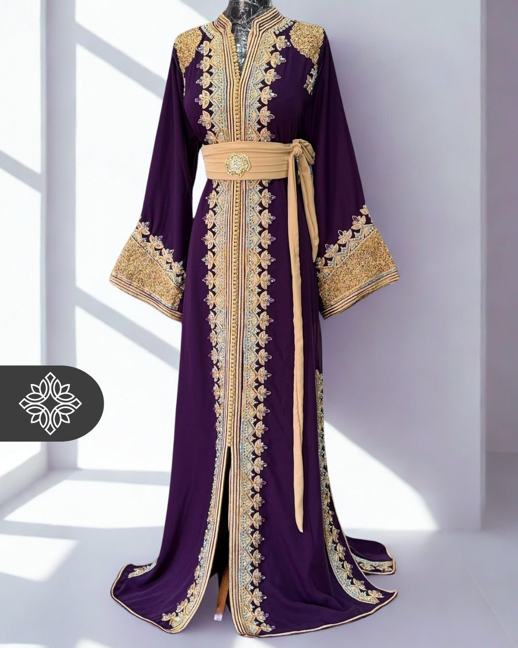 Moroccan Caftan Purple | Gold Embroidery with Purple & White Stones