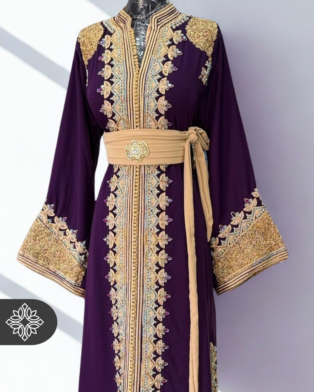 Moroccan Caftan Emerald Green | Gold Embroidery & Pink Stones