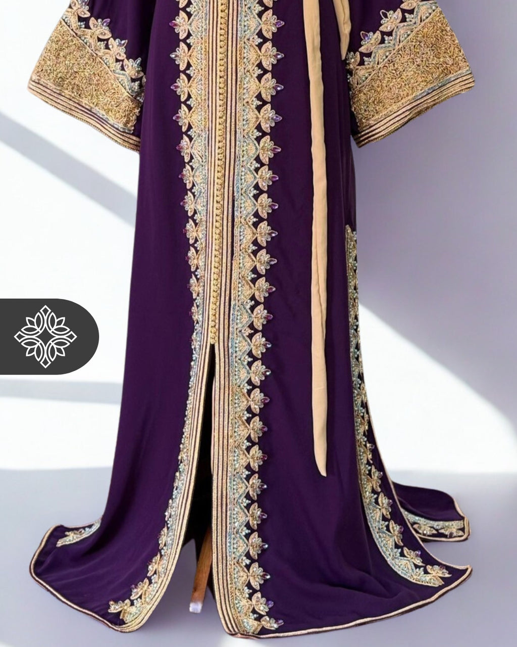 Moroccan Caftan Emerald Green | Gold Embroidery & Pink Stones