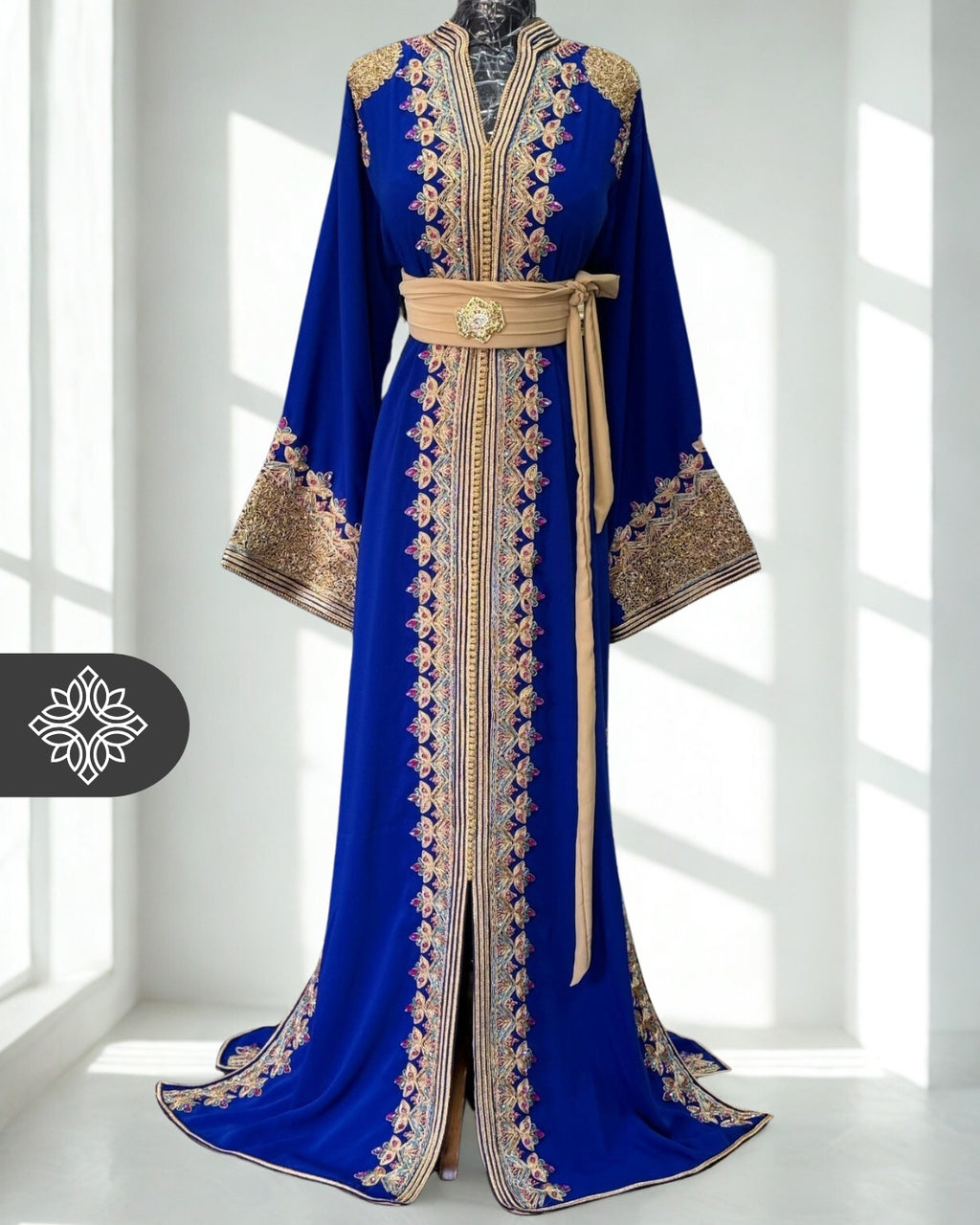 Moroccan Caftan Sapphire Blue | Gold Embroidery with Pink & Green Stones
