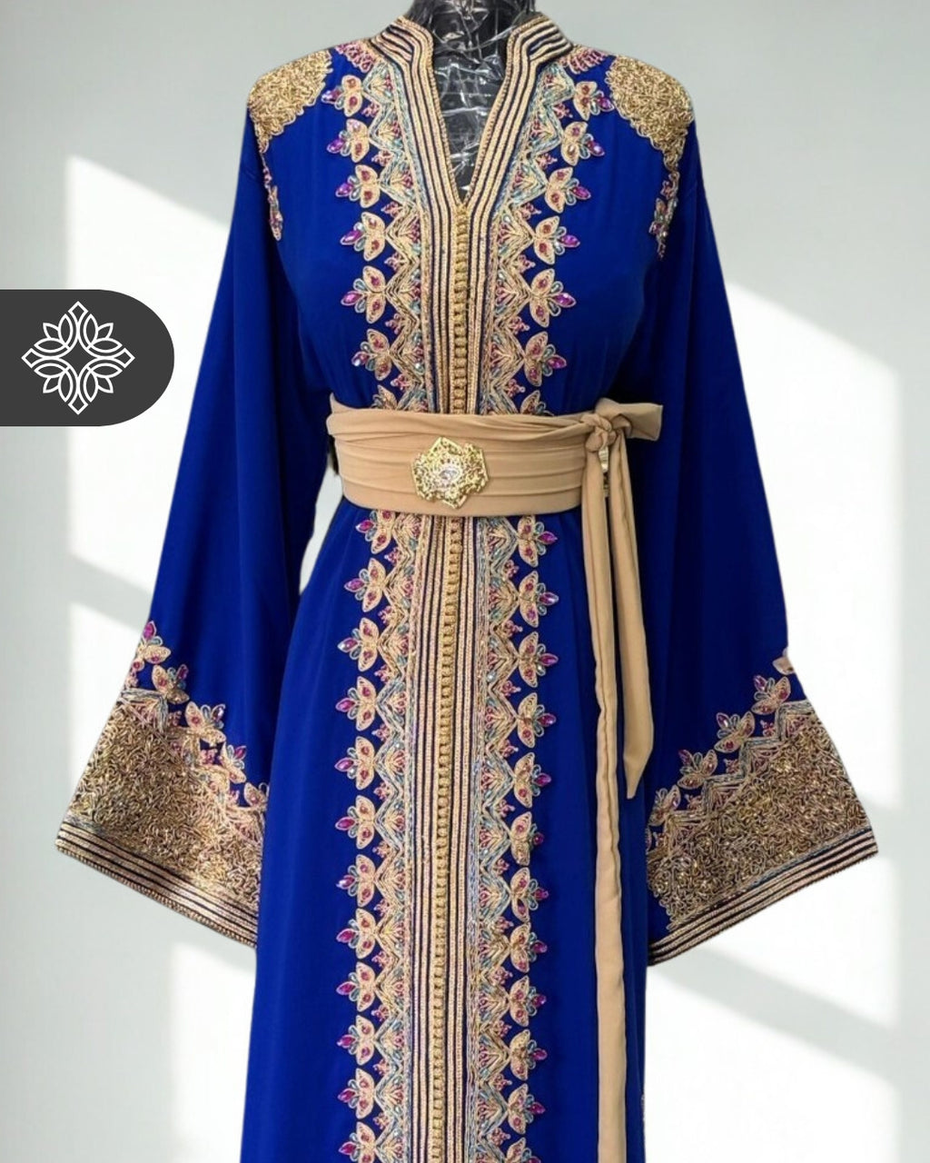 Moroccan Caftan Emerald Green | Gold Embroidery & Pink Stones