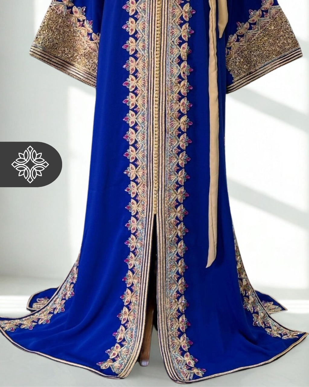 Moroccan Caftan Emerald Green | Gold Embroidery & Pink Stones