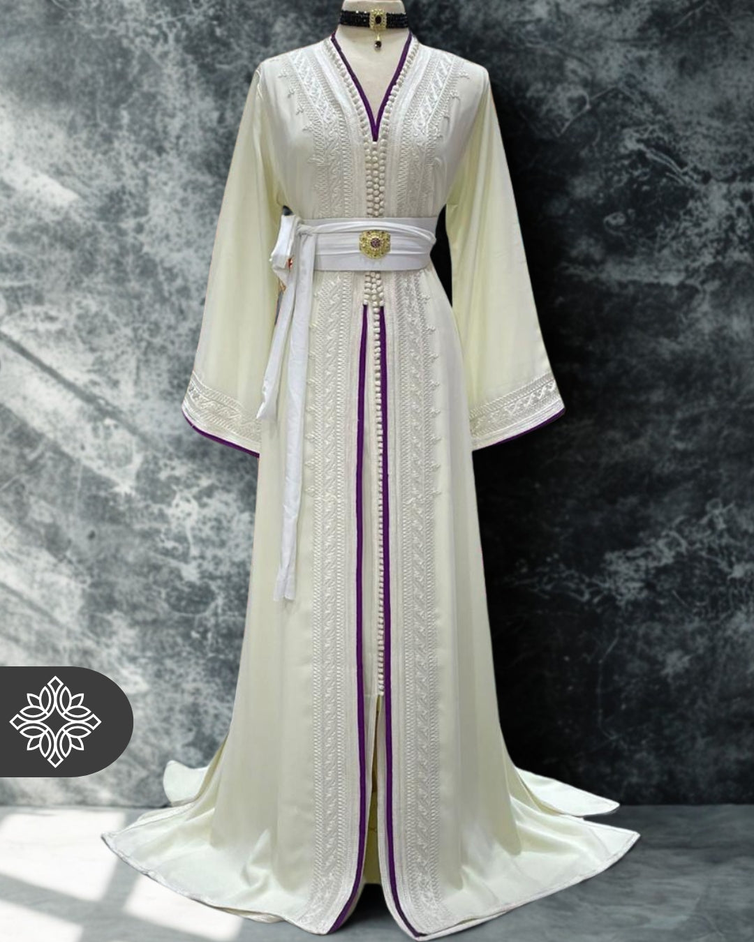 Moroccan Kaftan White with Plum Accents & Beads