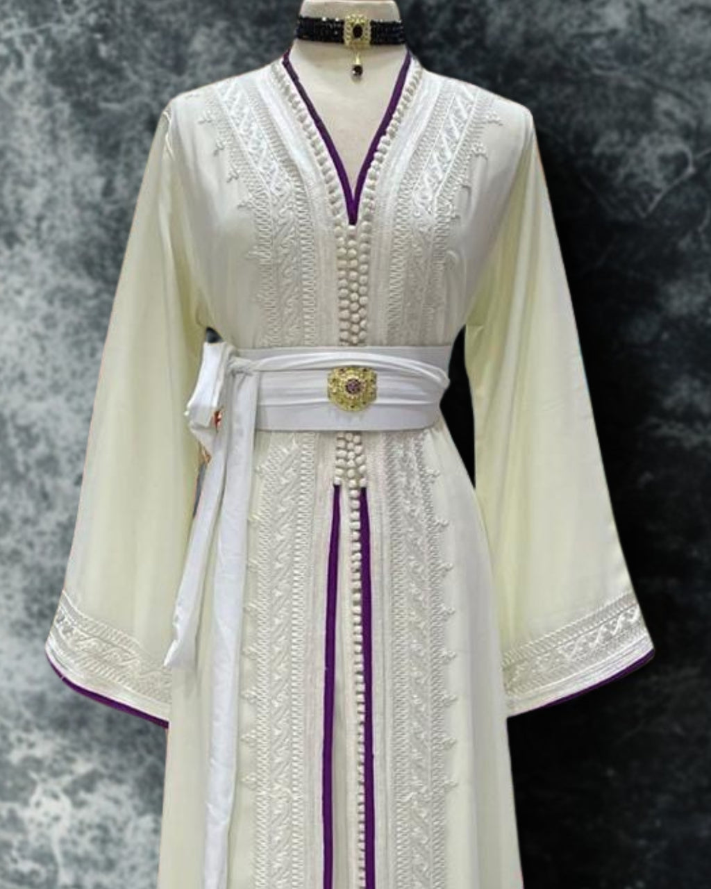 Moroccan Kaftan White with Plum Accents & Beads