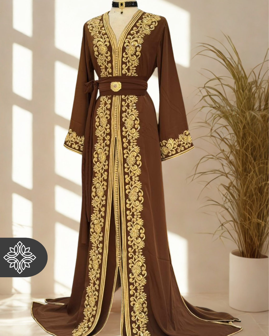 Moroccan Kaftan — Mocha Brown with Gold Embroidery | Handmade Formal Takchita