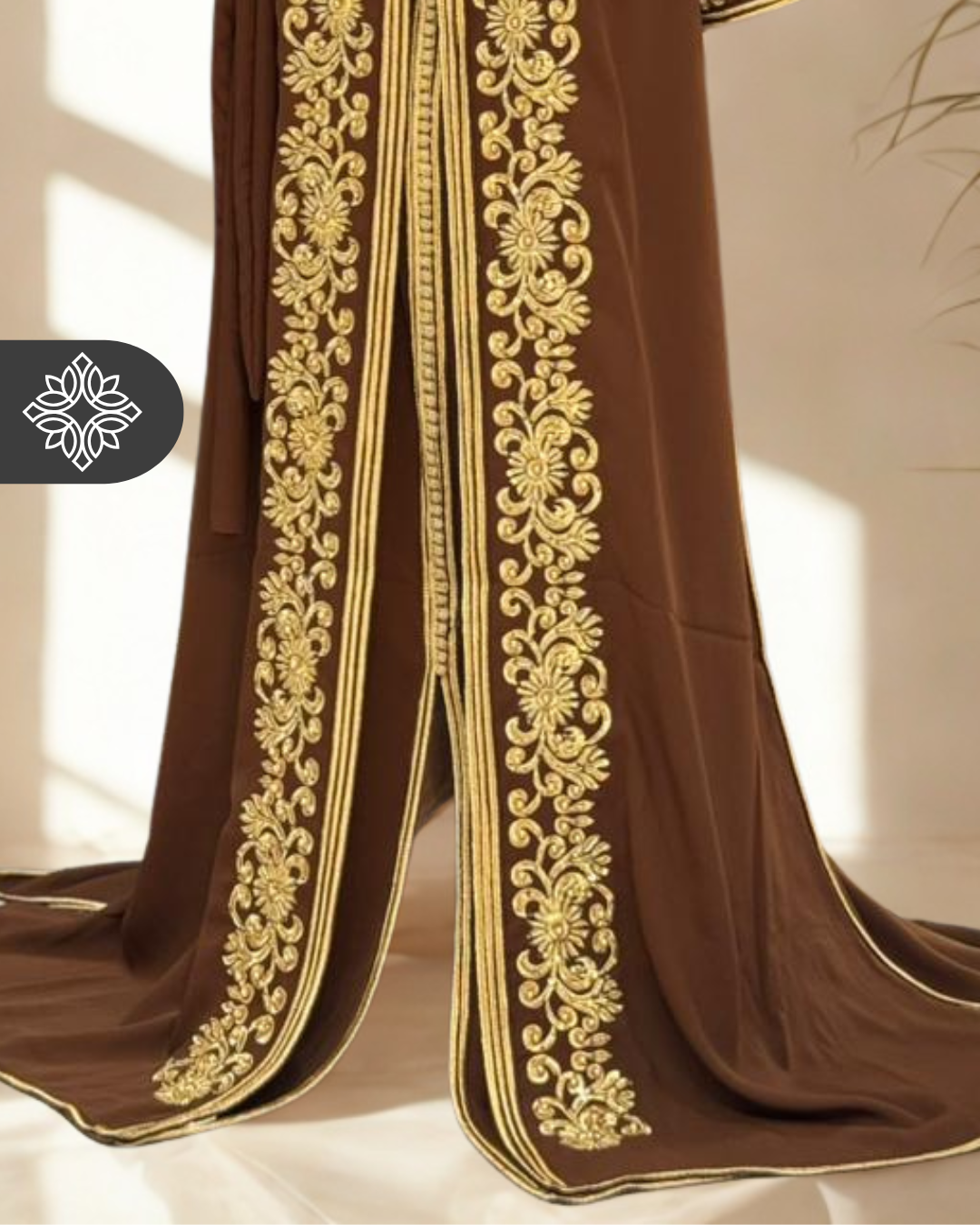 Moroccan Kaftan — Mocha Brown with Gold Embroidery | Handmade Formal Takchita