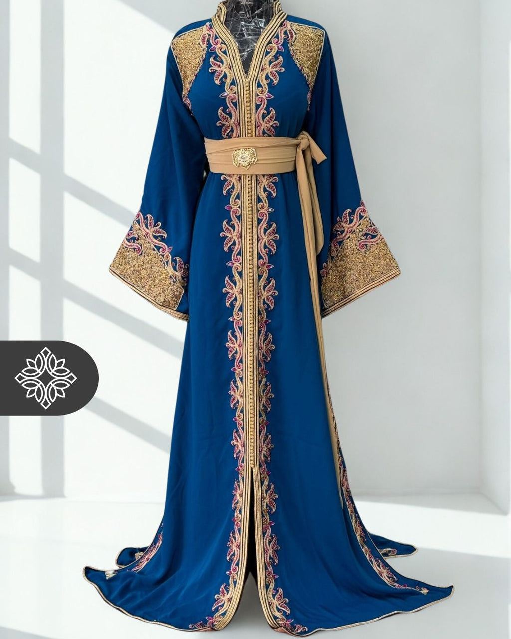 Navy Moroccan Kaftan | Gold Embroidery One Piece Caftan