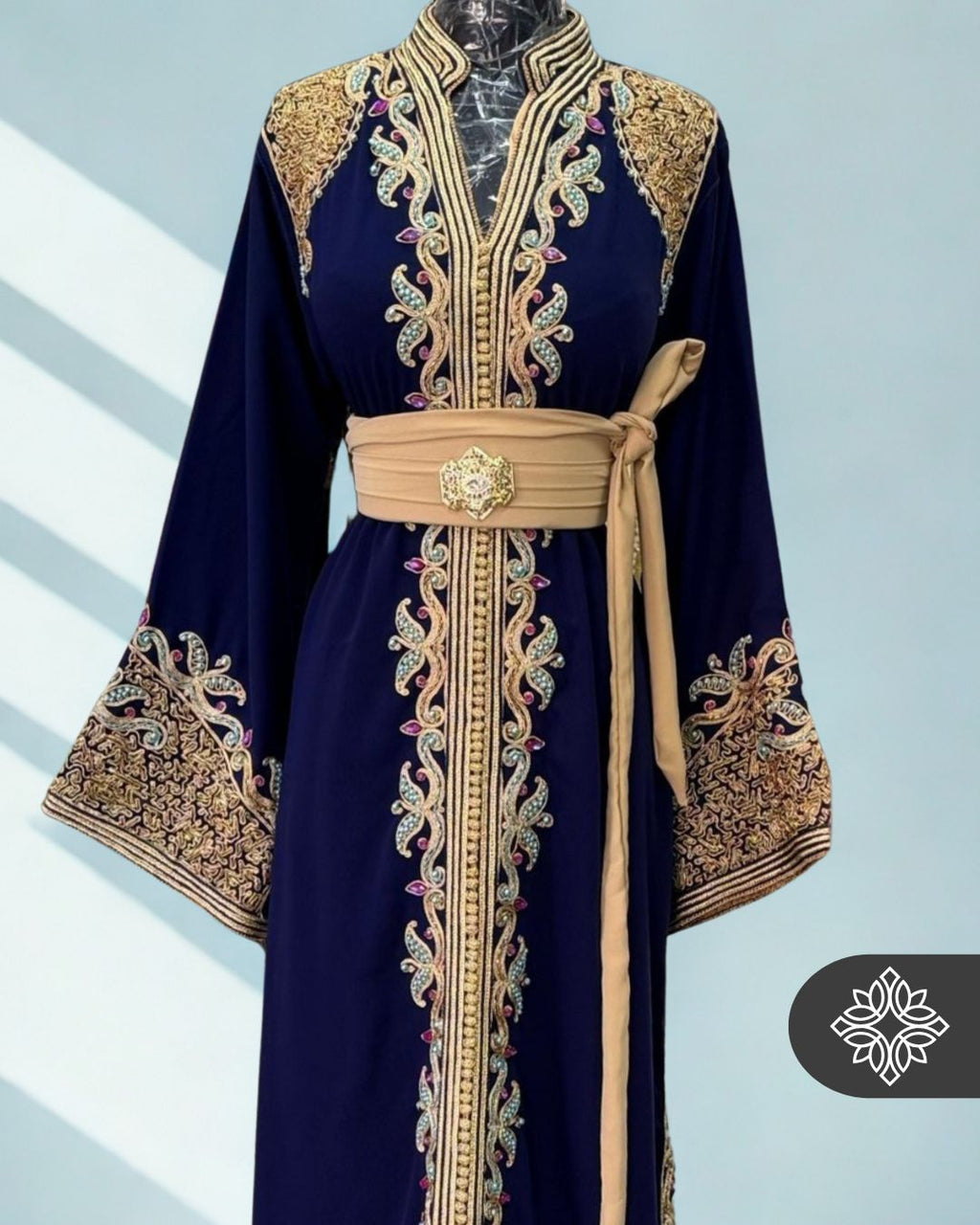 Navy Moroccan Kaftan | Gold Embroidery One Piece Caftan