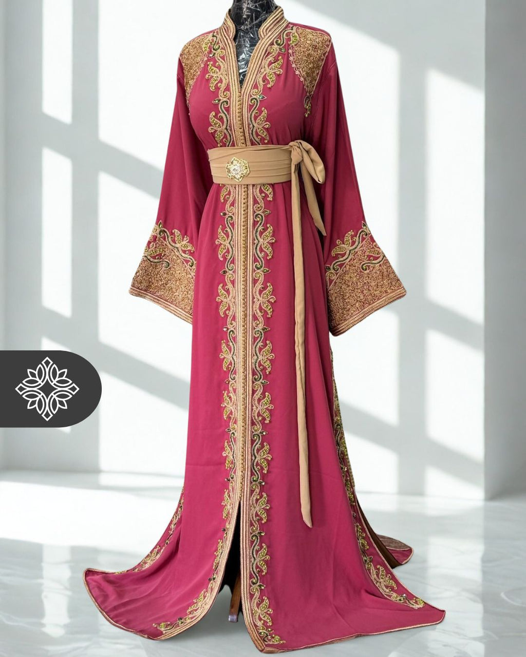 Moroccan One-Piece Kaftan | Soft Pink with Gold Embroidery Caftan Dress