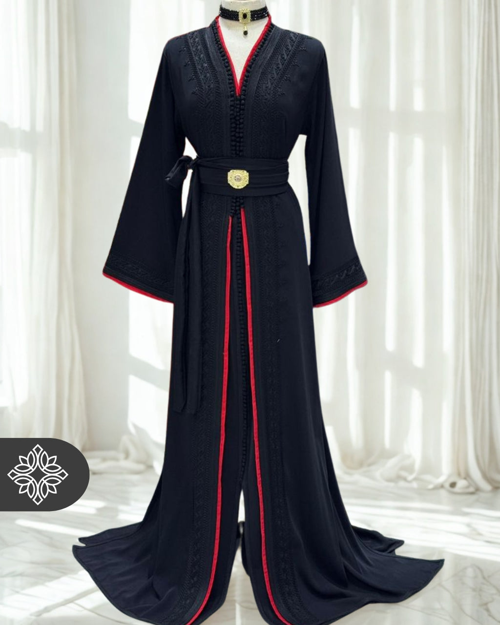 Moroccan Royal Kaftan Black with Red Accents