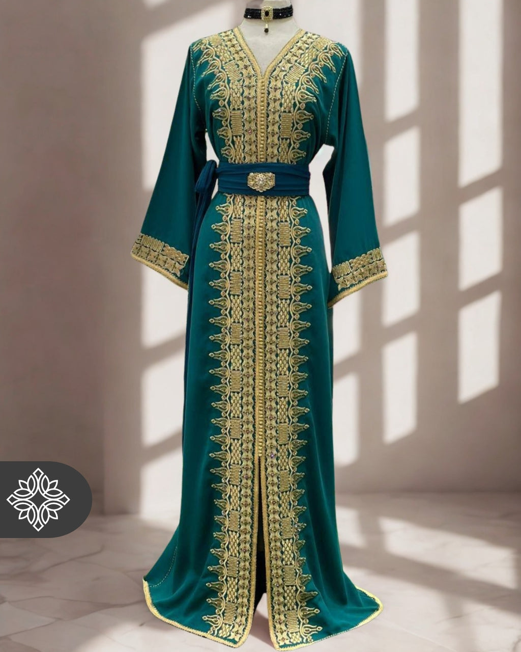 Moroccan Royal Teal Green & Gold Embroidered Kaftan