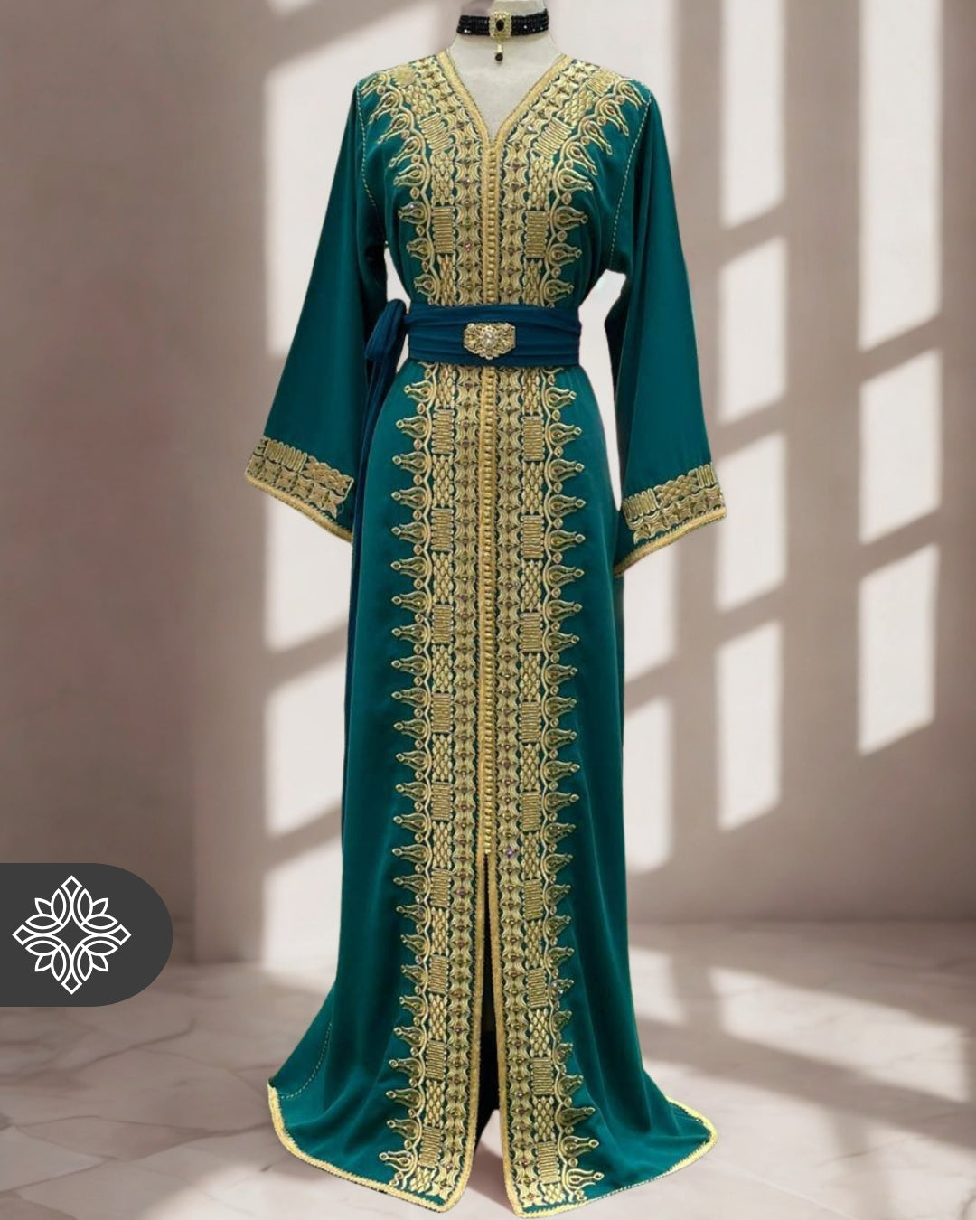 Moroccan Royal Teal Green & Gold Embroidered Kaftan