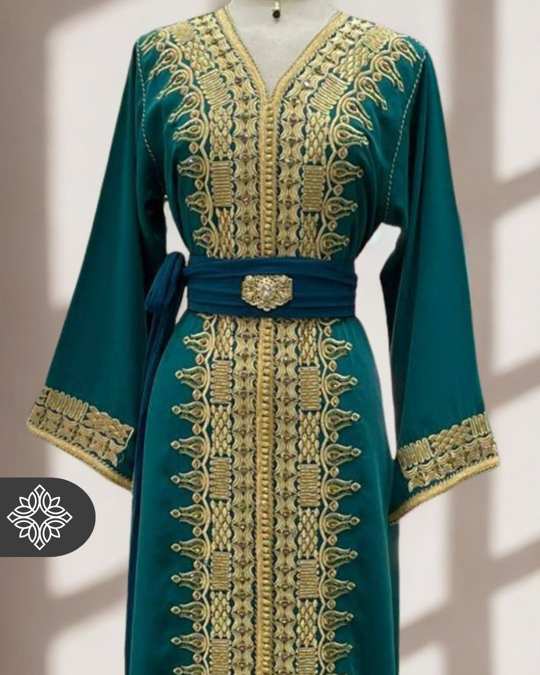 Moroccan Royal Teal Green & Gold Embroidered Kaftan