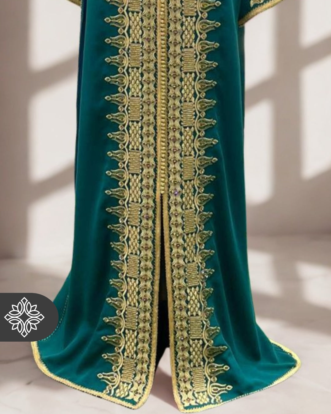 Moroccan Royal Teal Green & Gold Embroidered Kaftan