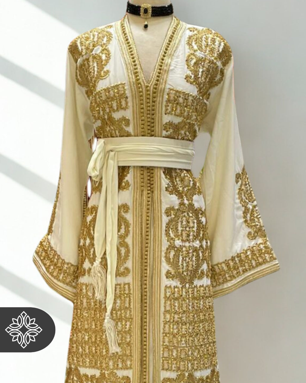 Moroccan Royal White Kaftan Wedding Dress with Gold Embroidery