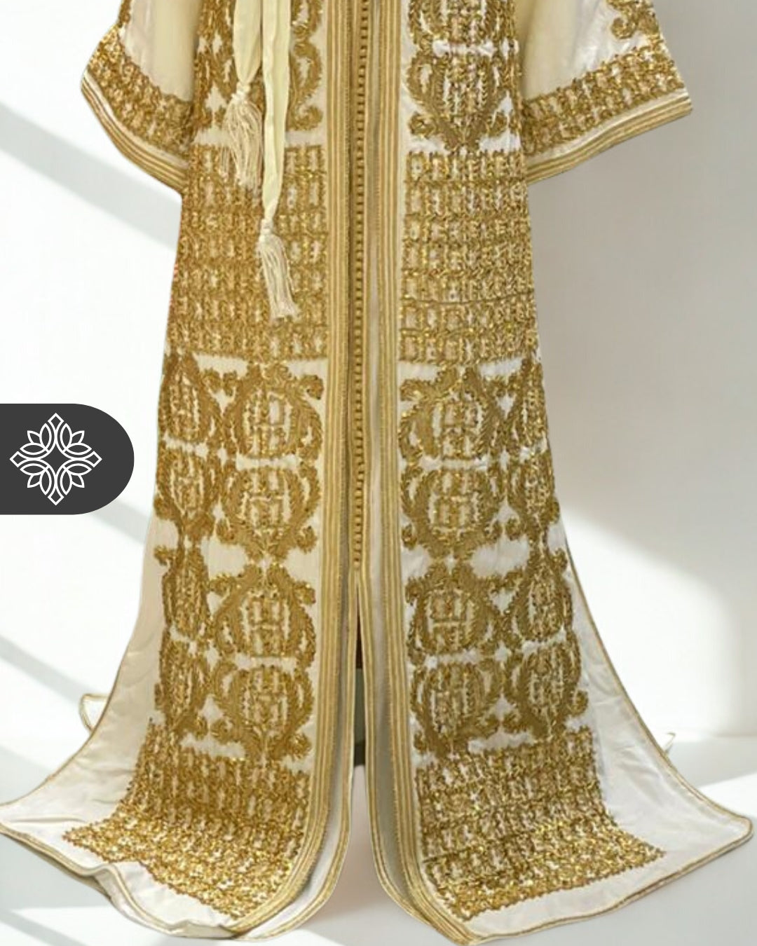 Moroccan Royal White Kaftan Wedding Dress with Gold Embroidery