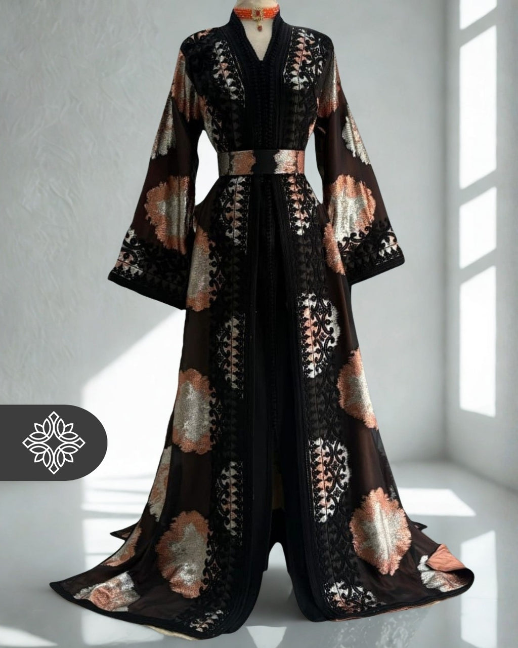 Moroccan Takchita | Artistic Brown & Black Tonal Embroidery | Limited Couture Two-Piece Kaftan