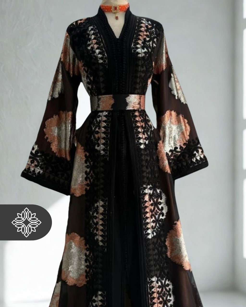 Moroccan Takchita | Artistic Brown & Black Tonal Embroidery | Limited Couture Two-Piece Kaftan