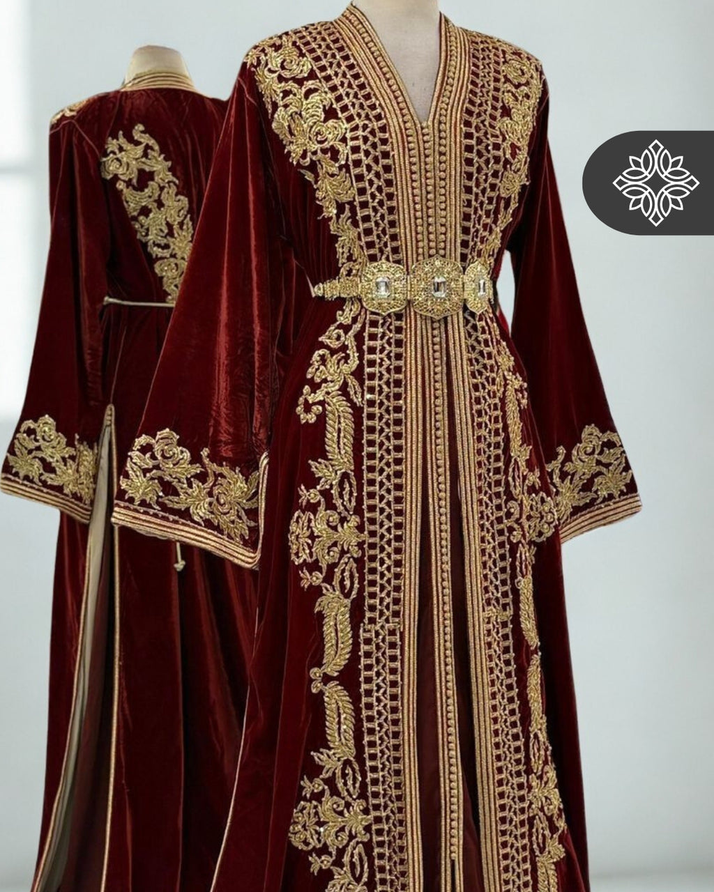 Moroccan Takchita | Cinnamon Velvet & Gold | Royal Embroidery Two-Piece Caftan Dress
