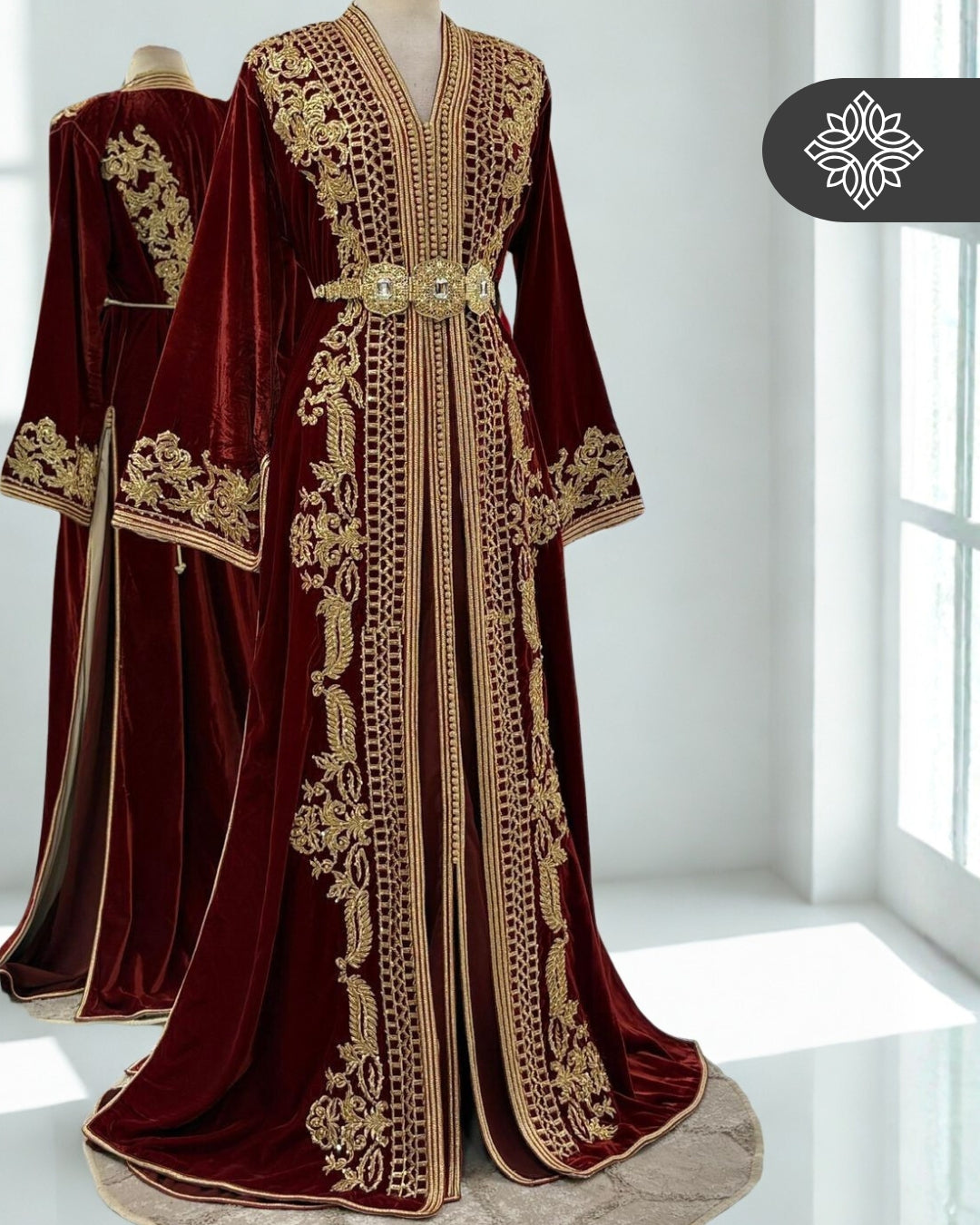 Moroccan Takchita | Cinnamon Velvet & Gold | Royal Embroidery Two-Piece Caftan Dress
