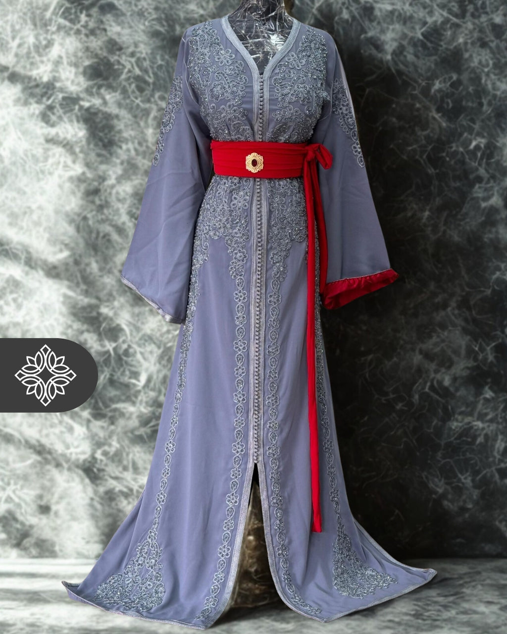Moroccan One-Piece Caftan Takchita | Lavender Grey with Silver Embroidery