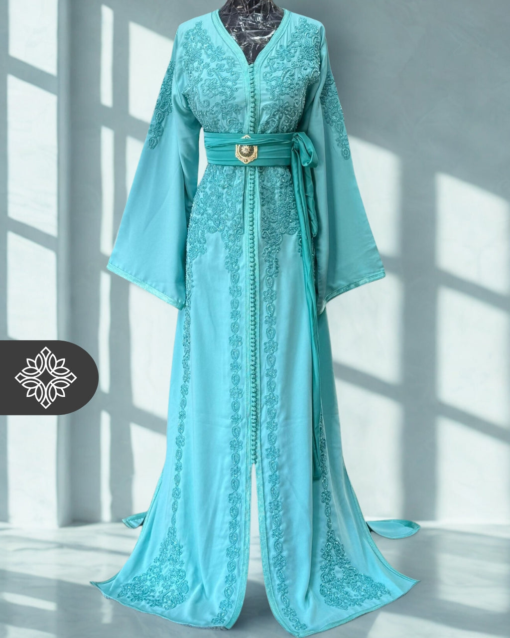 Moroccan One-Piece Caftan Takchita | Lavender Grey with Silver Embroidery