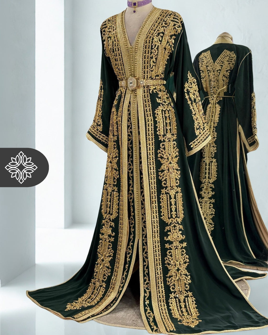 Moroccan Luxury Takchita Deep Emerald Green | Golden Tonal Embroidery | Luxury Two-Piece Kaftan