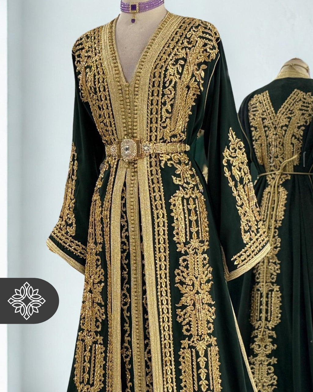 Moroccan Luxury Takchita Deep Emerald Green | Golden Tonal Embroidery | Luxury Two-Piece Kaftan