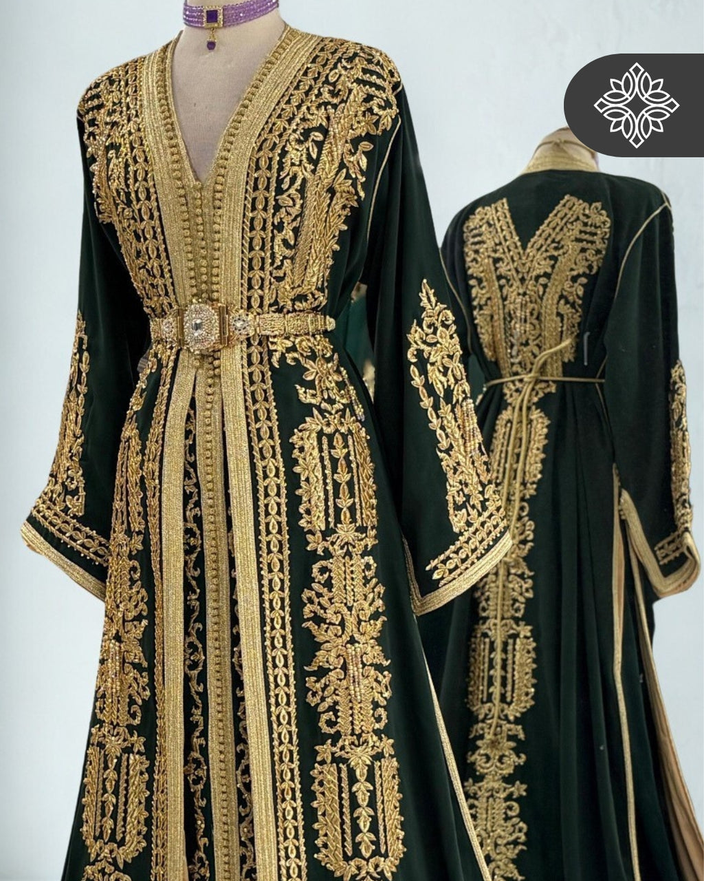 Moroccan Luxury Takchita Deep Emerald Green | Golden Tonal Embroidery | Luxury Two-Piece Kaftan