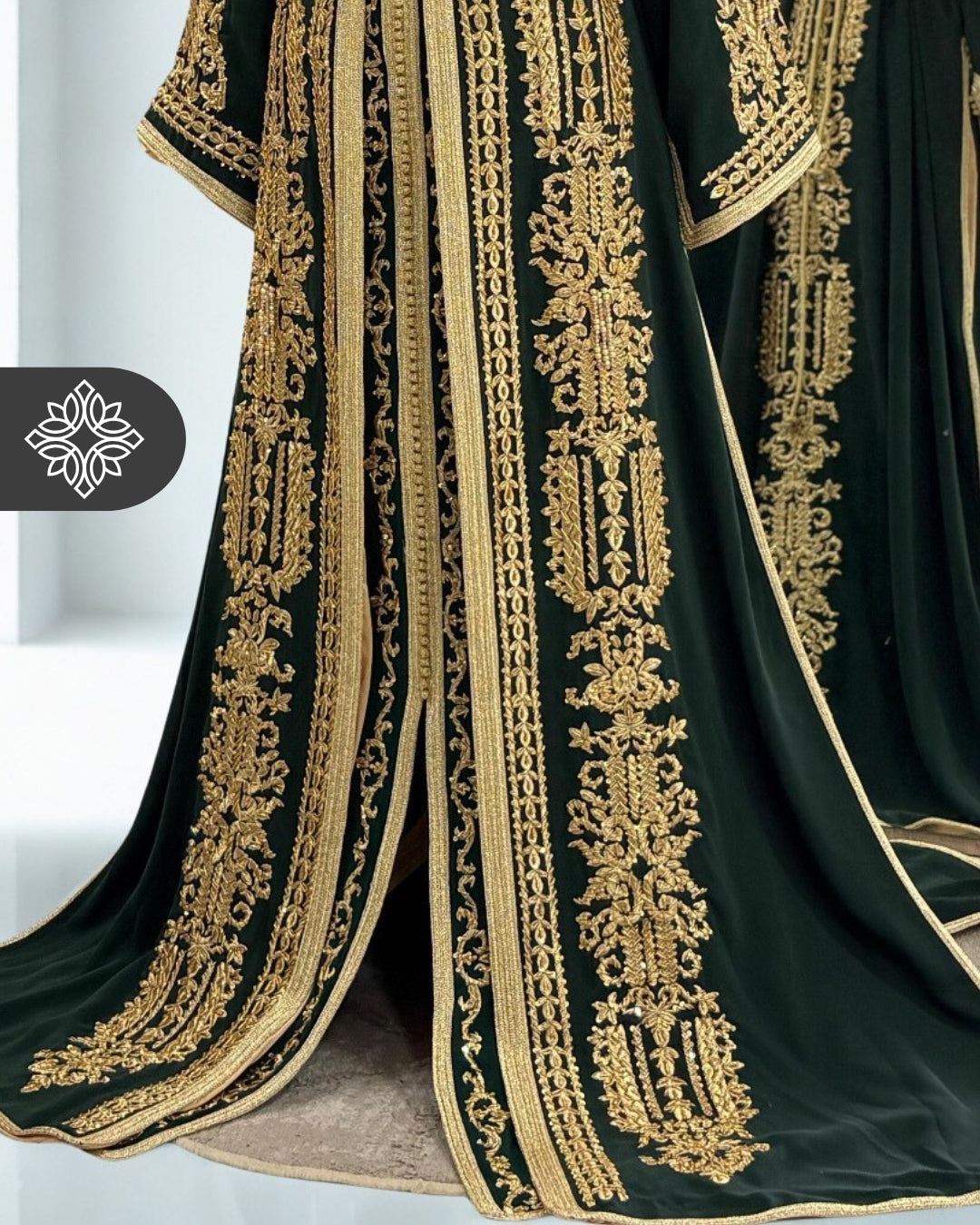 Moroccan Luxury Takchita Deep Emerald Green | Golden Tonal Embroidery | Luxury Two-Piece Kaftan