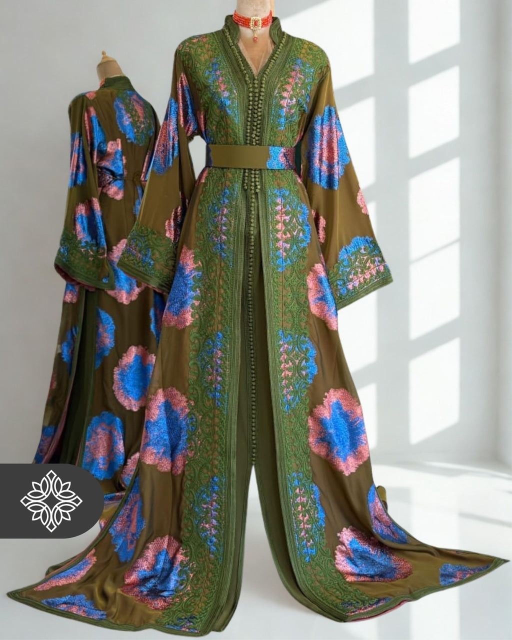 Moroccan Two-Piece Takchita | Olive Green Artistic & Multicolor Floral Texture | Limited Couture Kaftan