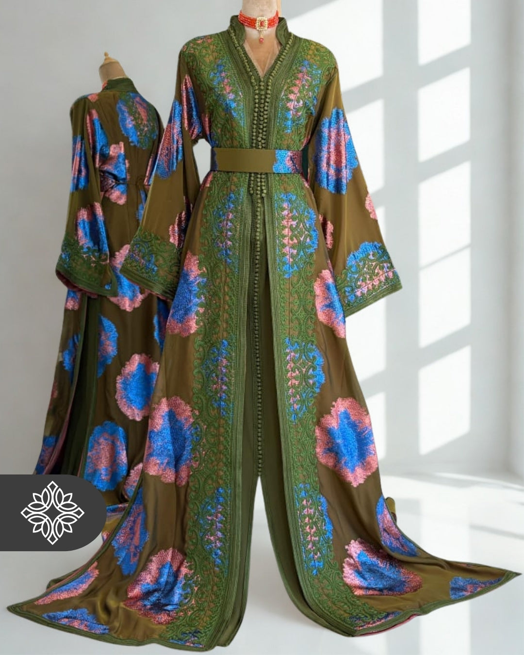 Moroccan Two-Piece Takchita | Olive Green Artistic & Multicolor Floral Texture | Limited Couture Kaftan