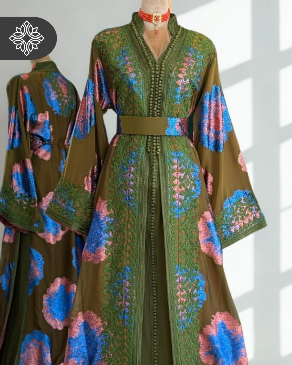 Moroccan Two-Piece Takchita | Olive Green Artistic & Multicolor Floral Texture | Limited Couture Kaftan