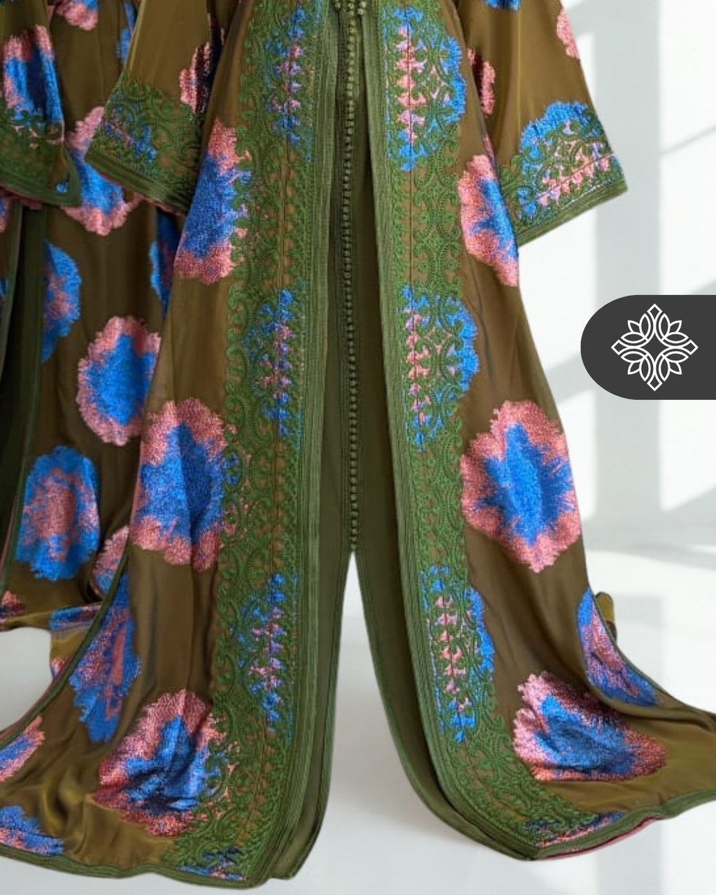 Moroccan Two-Piece Takchita | Olive Green Artistic & Multicolor Floral Texture | Limited Couture Kaftan