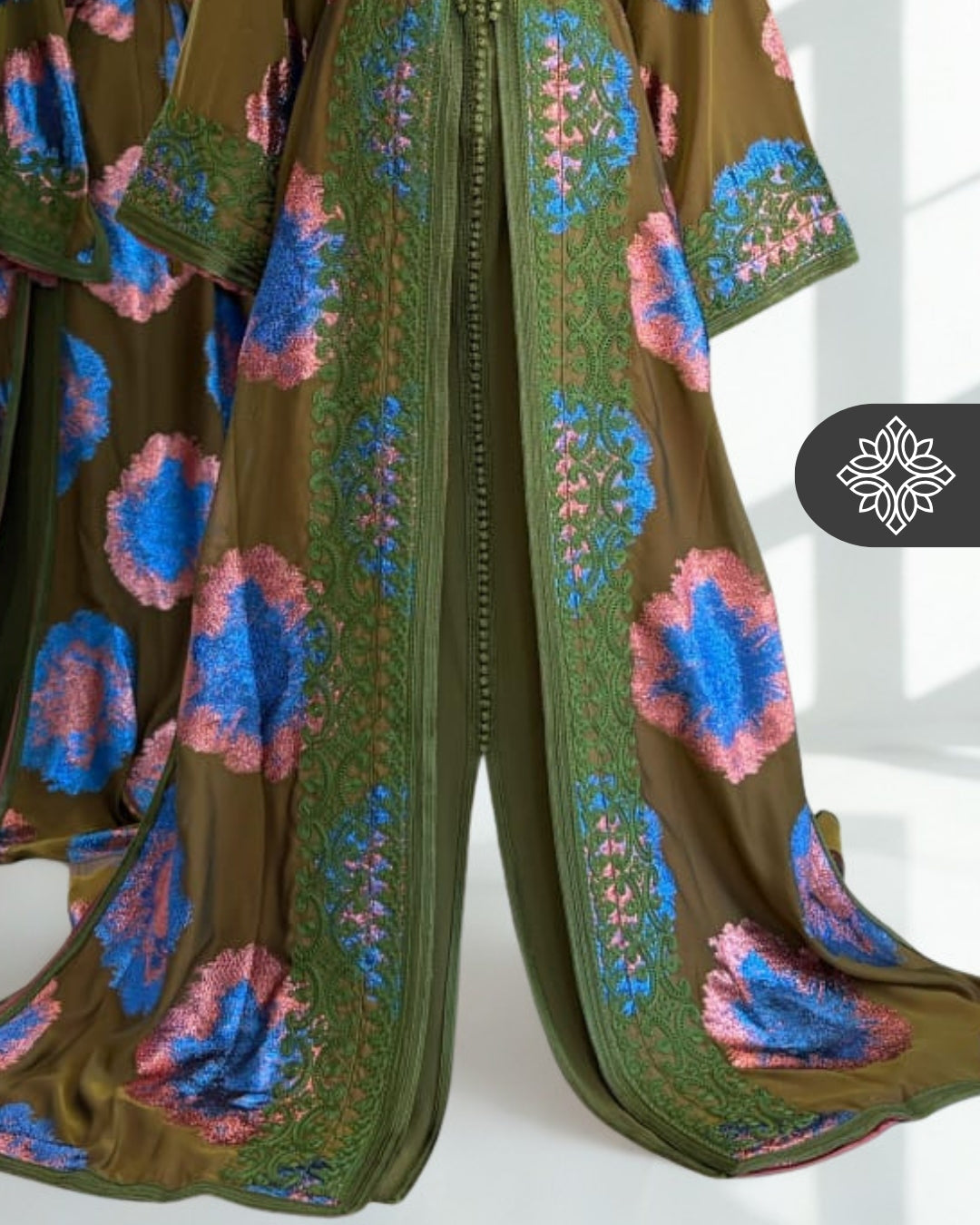 Moroccan Two-Piece Takchita | Olive Green Artistic & Multicolor Floral Texture | Limited Couture Kaftan