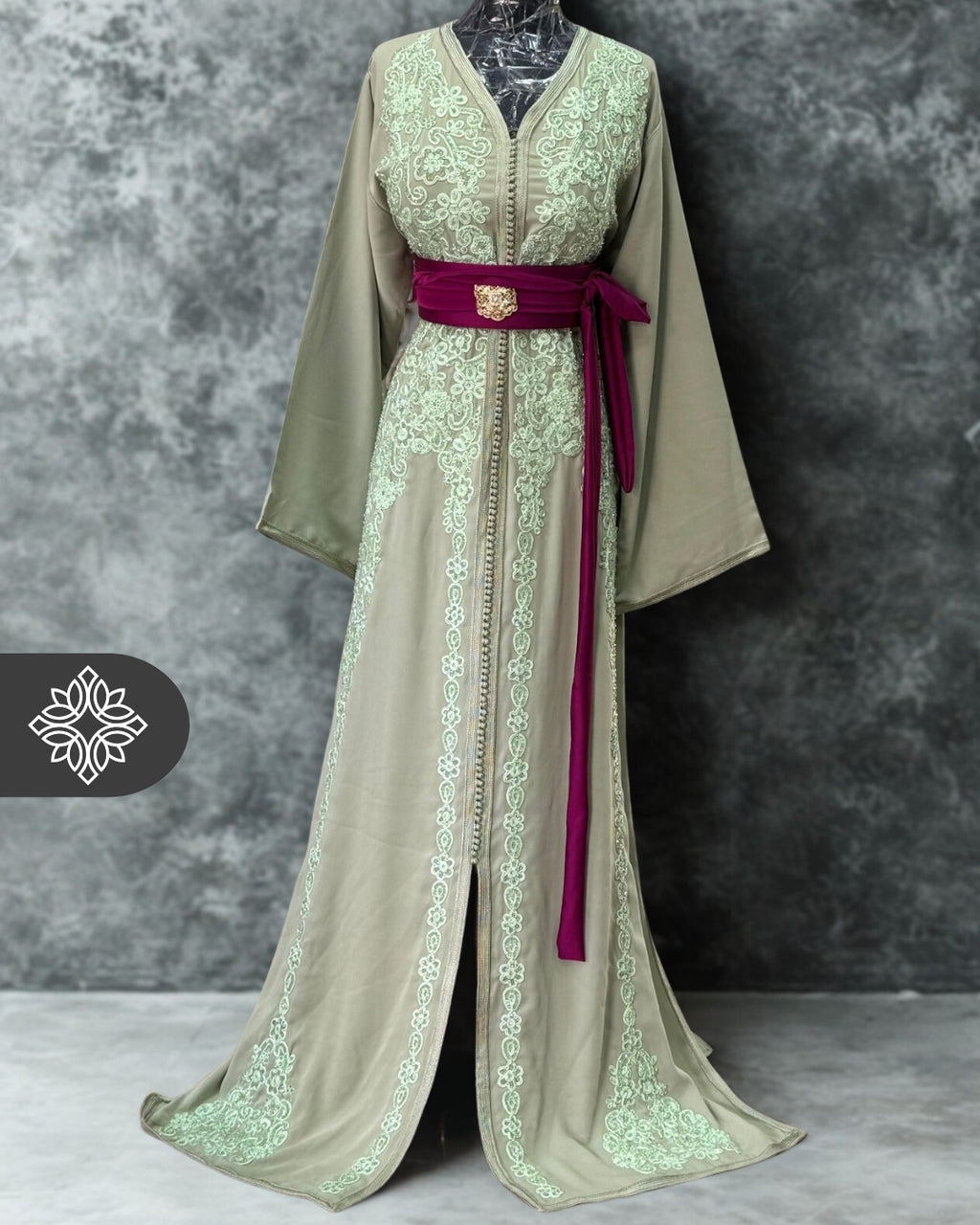 Moroccan One-Piece Caftan | Sage Green with Mint Embroidery