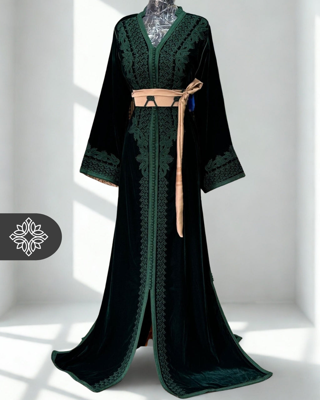 Moroccan Kaftan Deep Emerald Green | Embroidered Velvet One-Piece Caft ...
